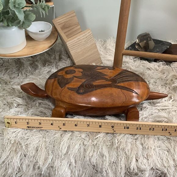 Vintage Decorative Hand Carved Wooden Large Turtle Tortoise Trinket Box W/Lid - Picture 5 of 16